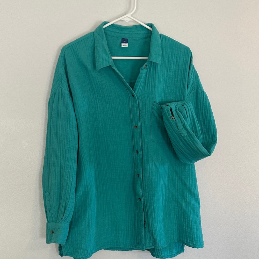Old Navy Teal Green Button-Front Textured Shirt